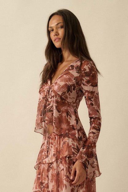 Sublime Blooms Floral Mesh Tied Bell-Sleeve Top