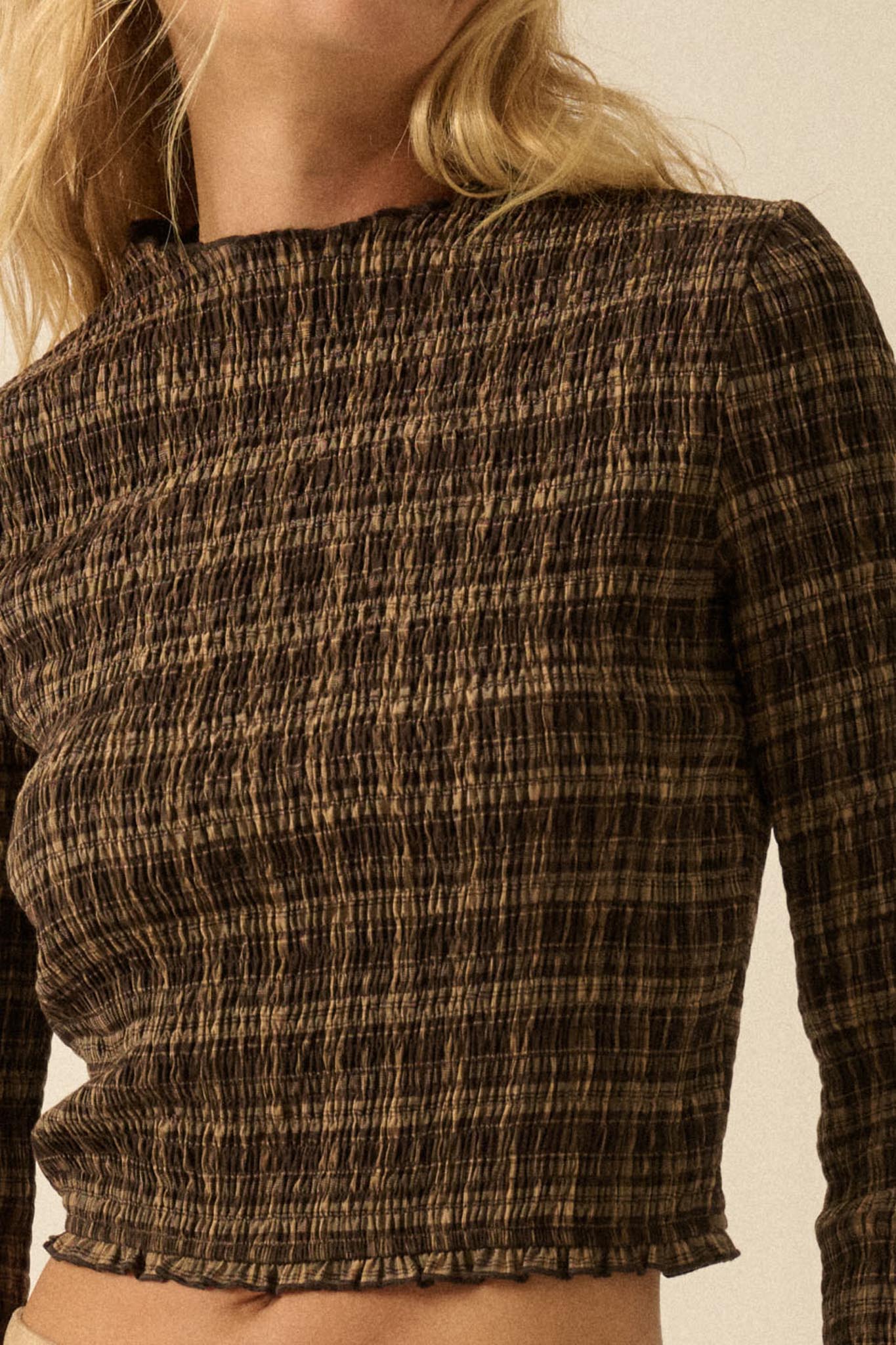 Plaid Day Smocked Plaid Long-Sleeve Crop Top
