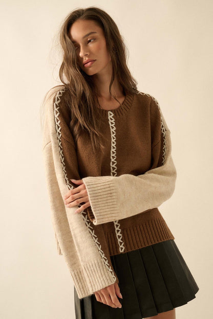 Look Twice Colorblock Stitch-Detail Sweater