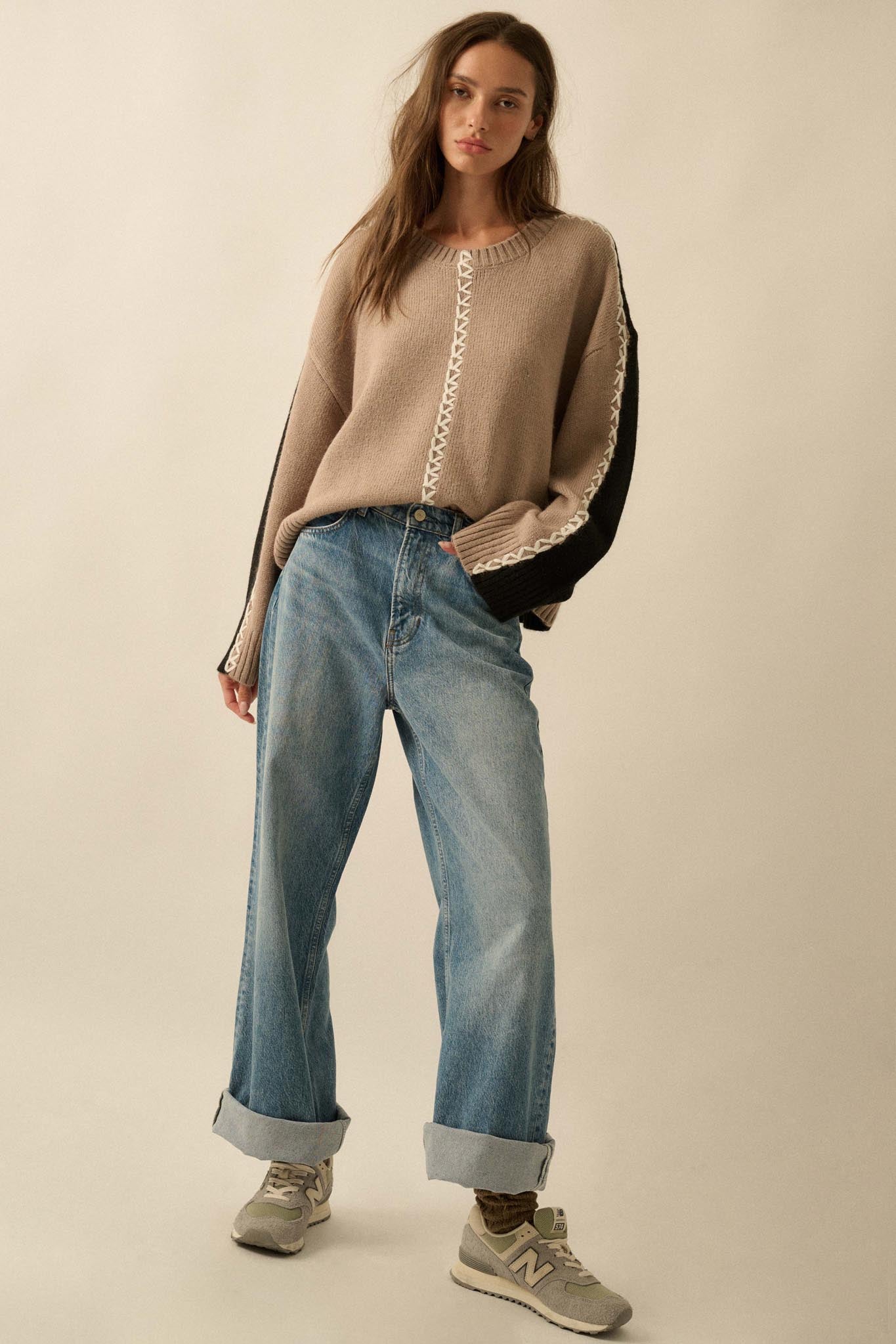 Look Twice Colorblock Stitch-Detail Sweater