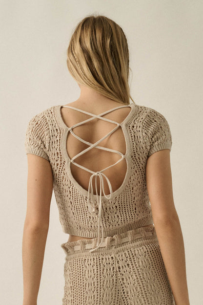 Good Vibes Crochet-Knit Short-Sleeve Cropped Sweater