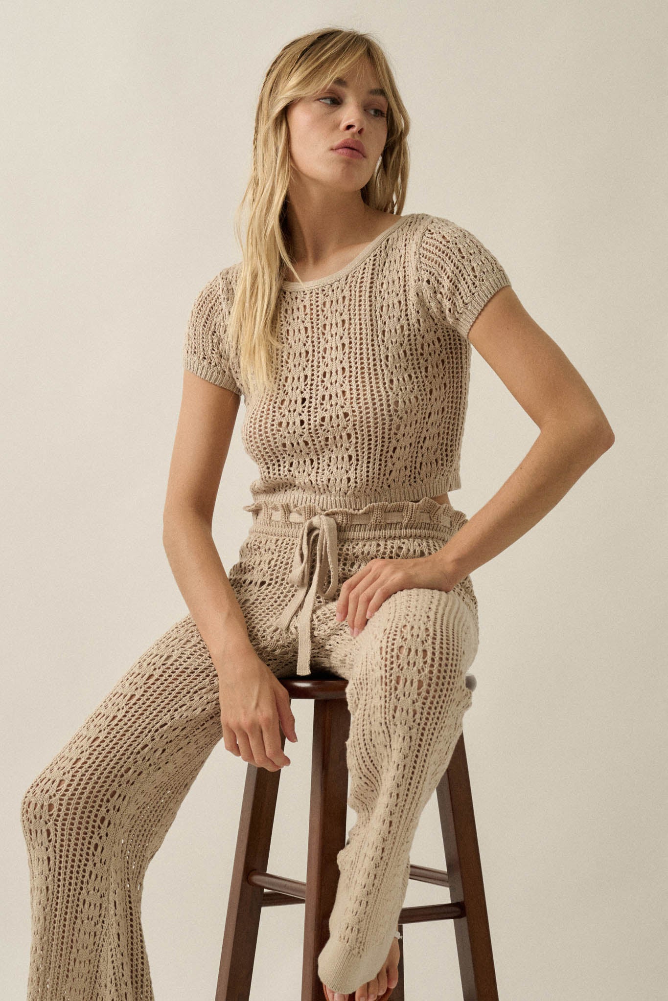 Good Vibes Crochet-Knit Short-Sleeve Cropped Sweater