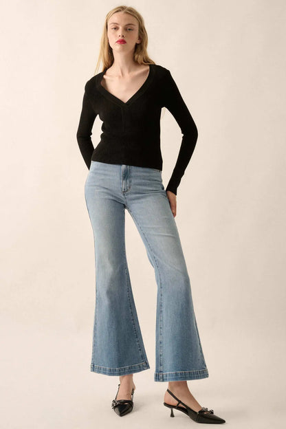 Shaper Fit Rib-Knit Split-Neck Long-Sleeve Top