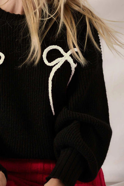 Tied and True Ribbed Knit Yarn Bow Sweater