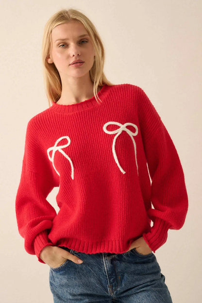 Tied and True Ribbed Knit Yarn Bow Sweater