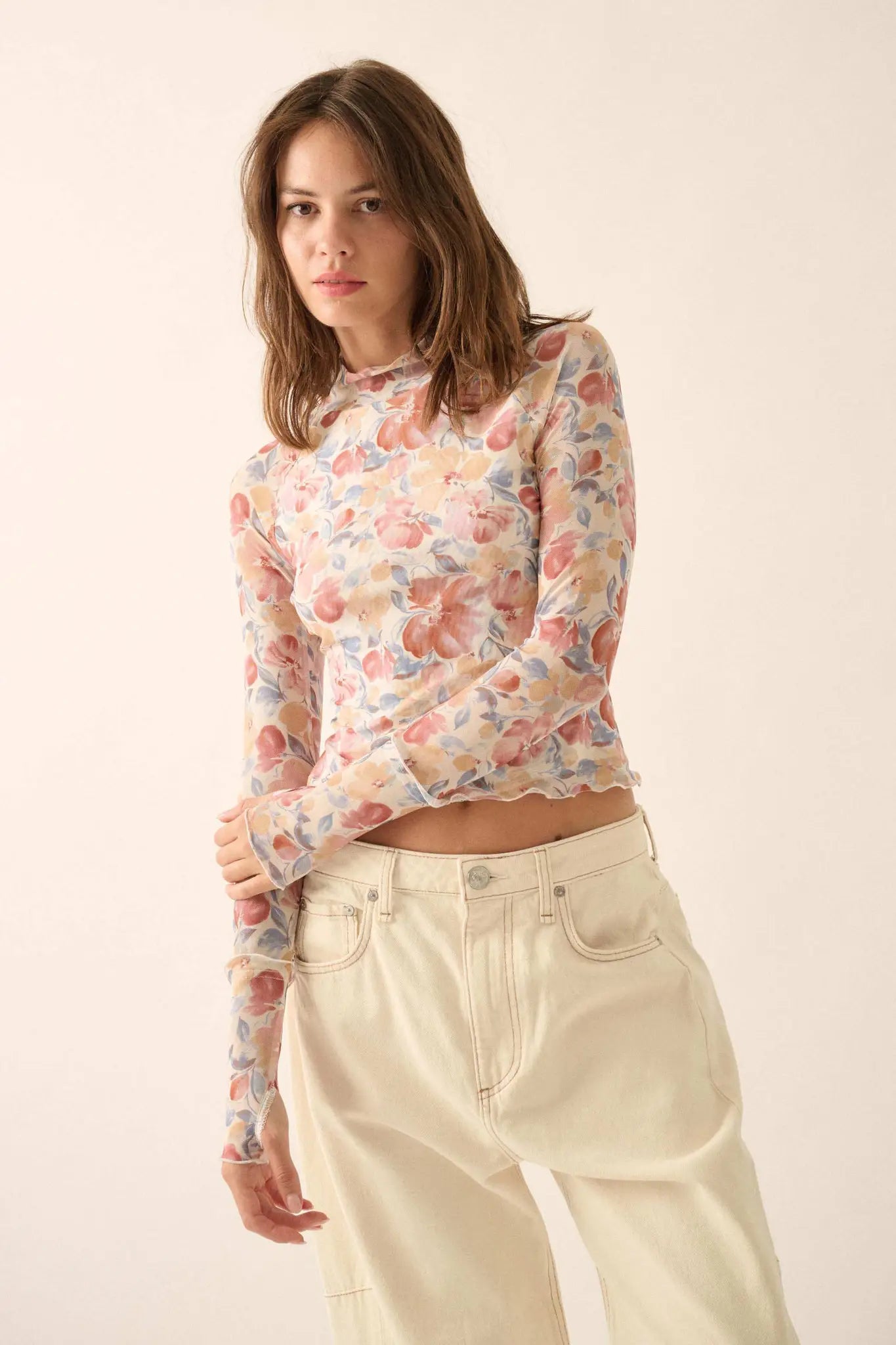 Bouquet All Day Floral Mesh Thumbhole Top