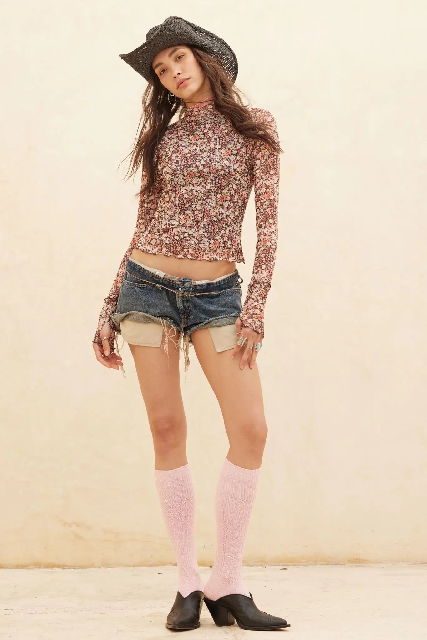 Wildflower Bouquet Floral Mesh Mock-Neck Top