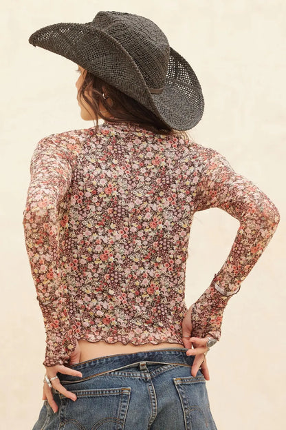 Wildflower Bouquet Floral Mesh Mock-Neck Top