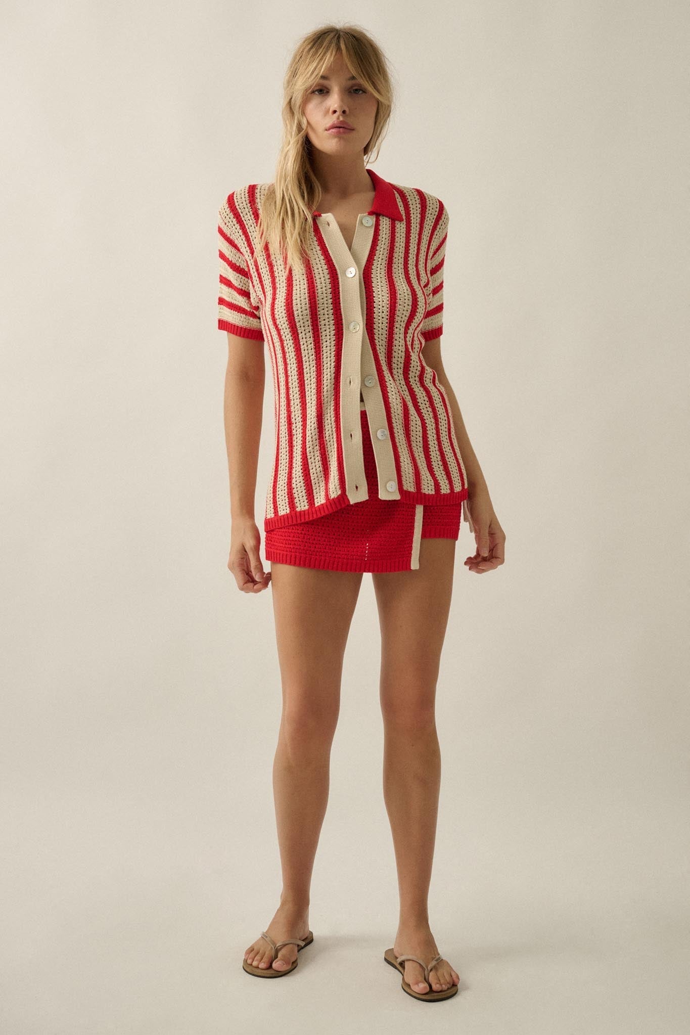 Day in the Sun Striped Crochet-Knit Camp Shirt