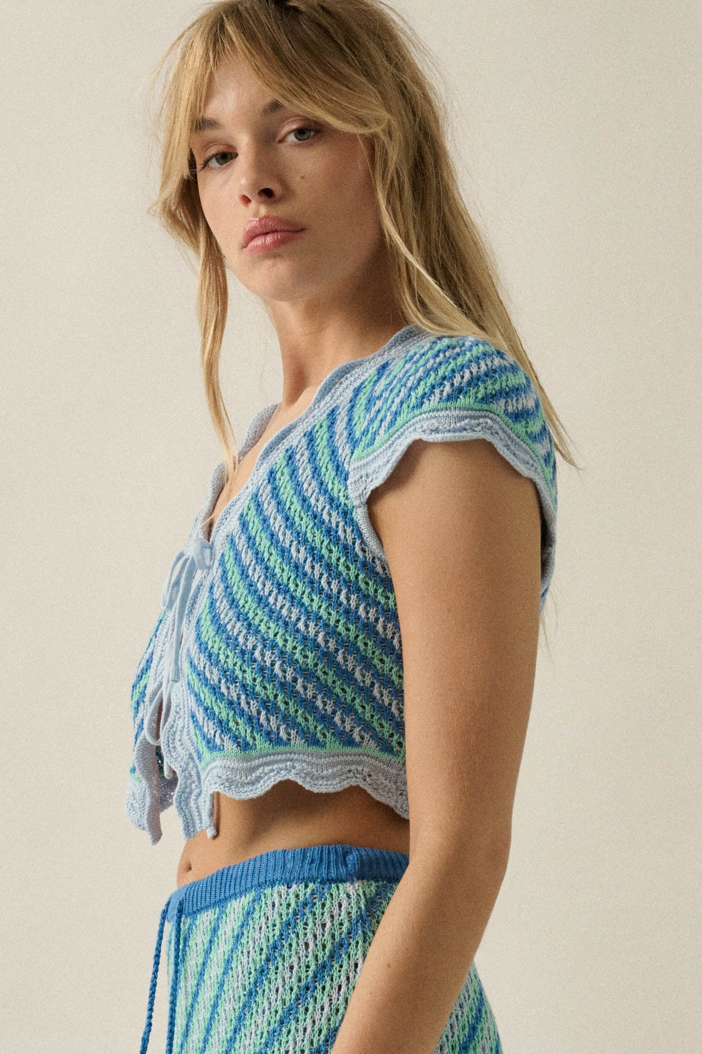 Summer Love Striped Crochet-Knit Tie-Front Top