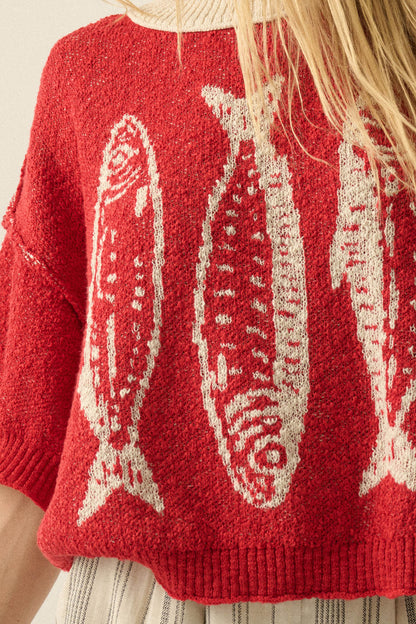 Plenty of Fish Jacquard-Knit Short-Sleeve Sweater