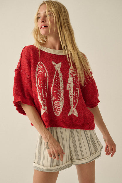 Plenty of Fish Jacquard-Knit Short-Sleeve Sweater
