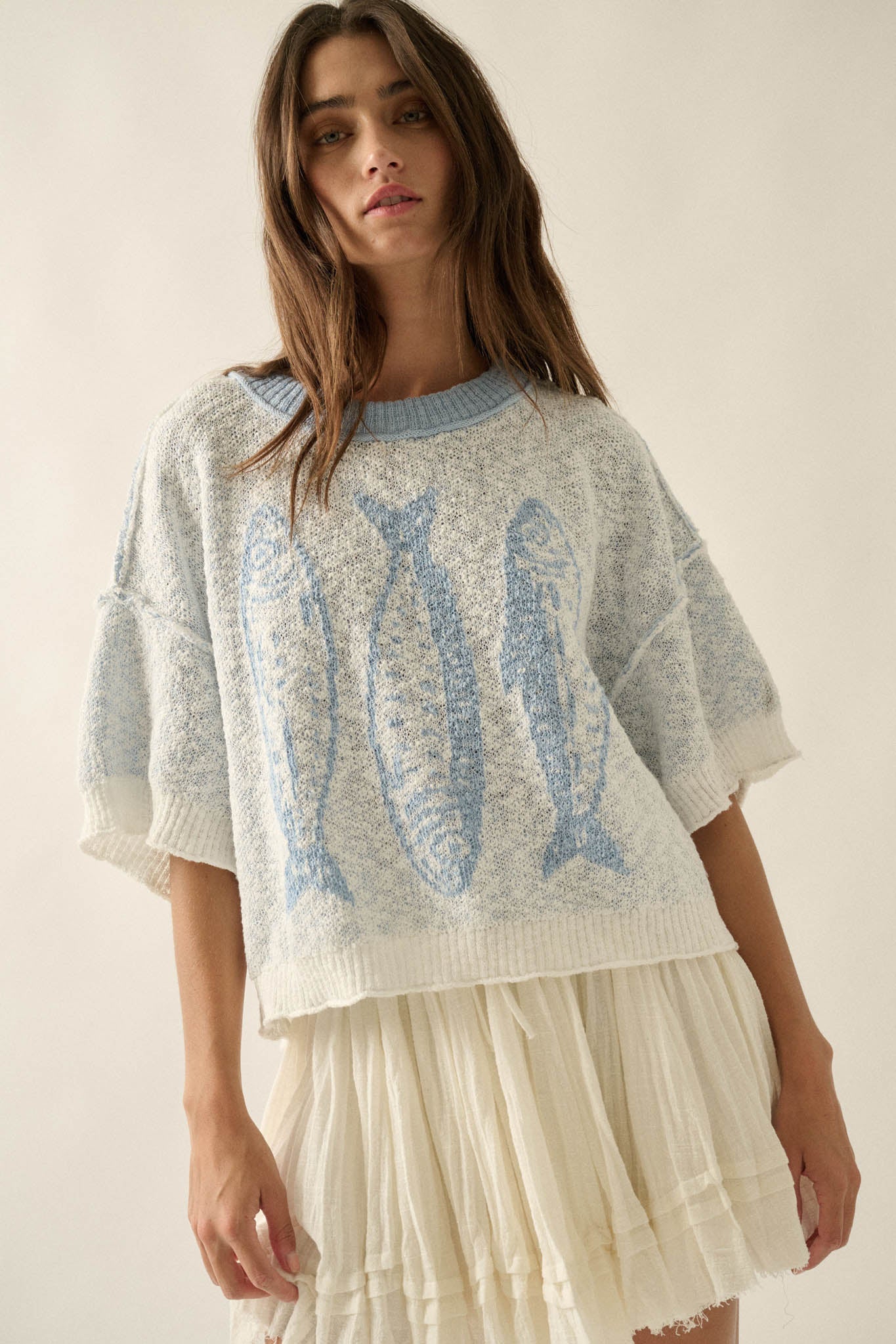 Plenty of Fish Jacquard-Knit Short-Sleeve Sweater