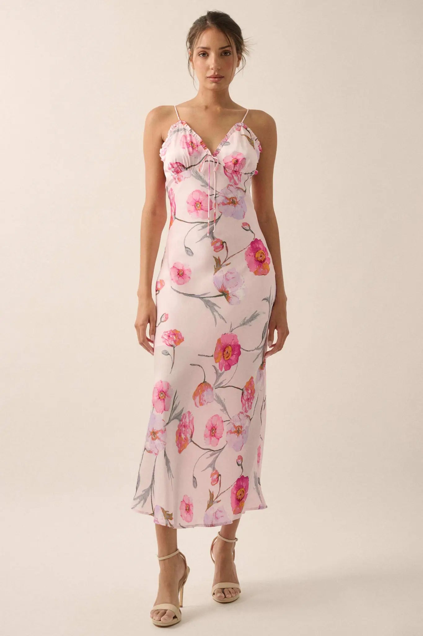 Spring Dream Floral Satin Maxi Slip Dress