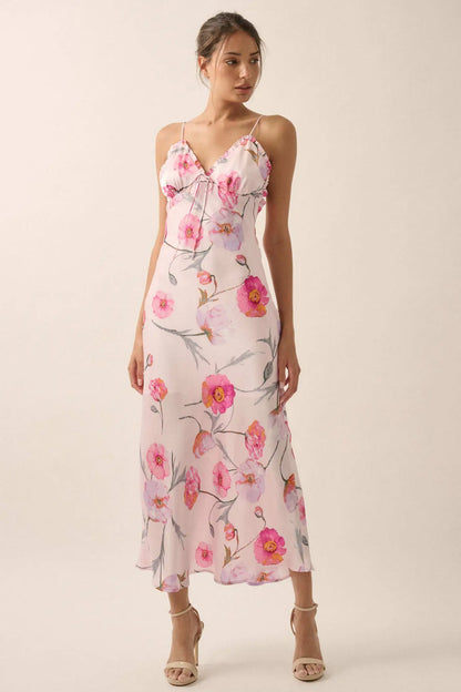Spring Dream Floral Satin Maxi Slip Dress