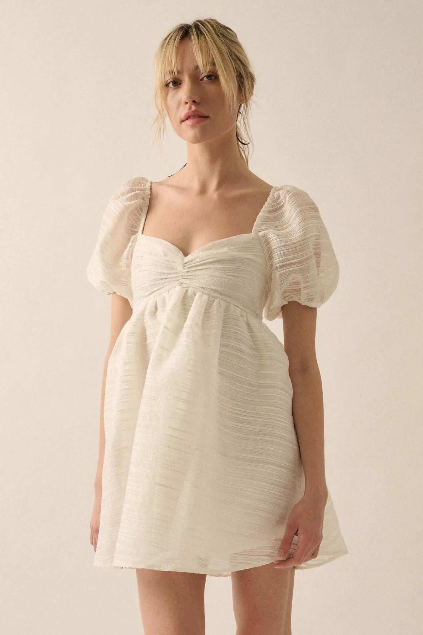 Be My Baby Striped Organza Puff-Sleeve Mini Dress
