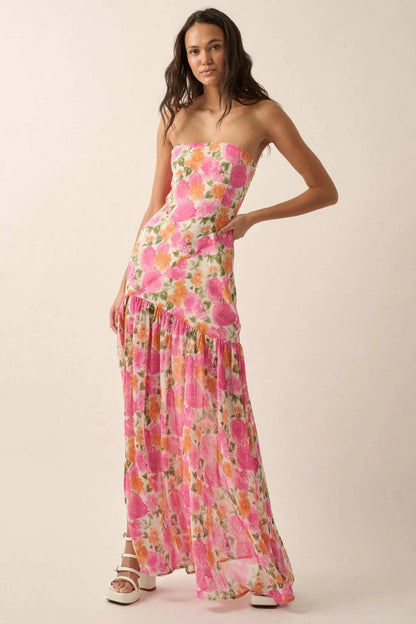 Bright Buds Strapless Floral Drop-Waist Maxi Dress