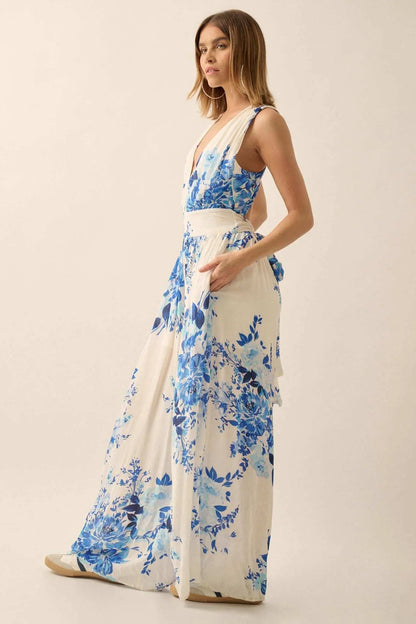 Lapis Lilies Floral Plunge-Front Wide-Leg Jumpsuit