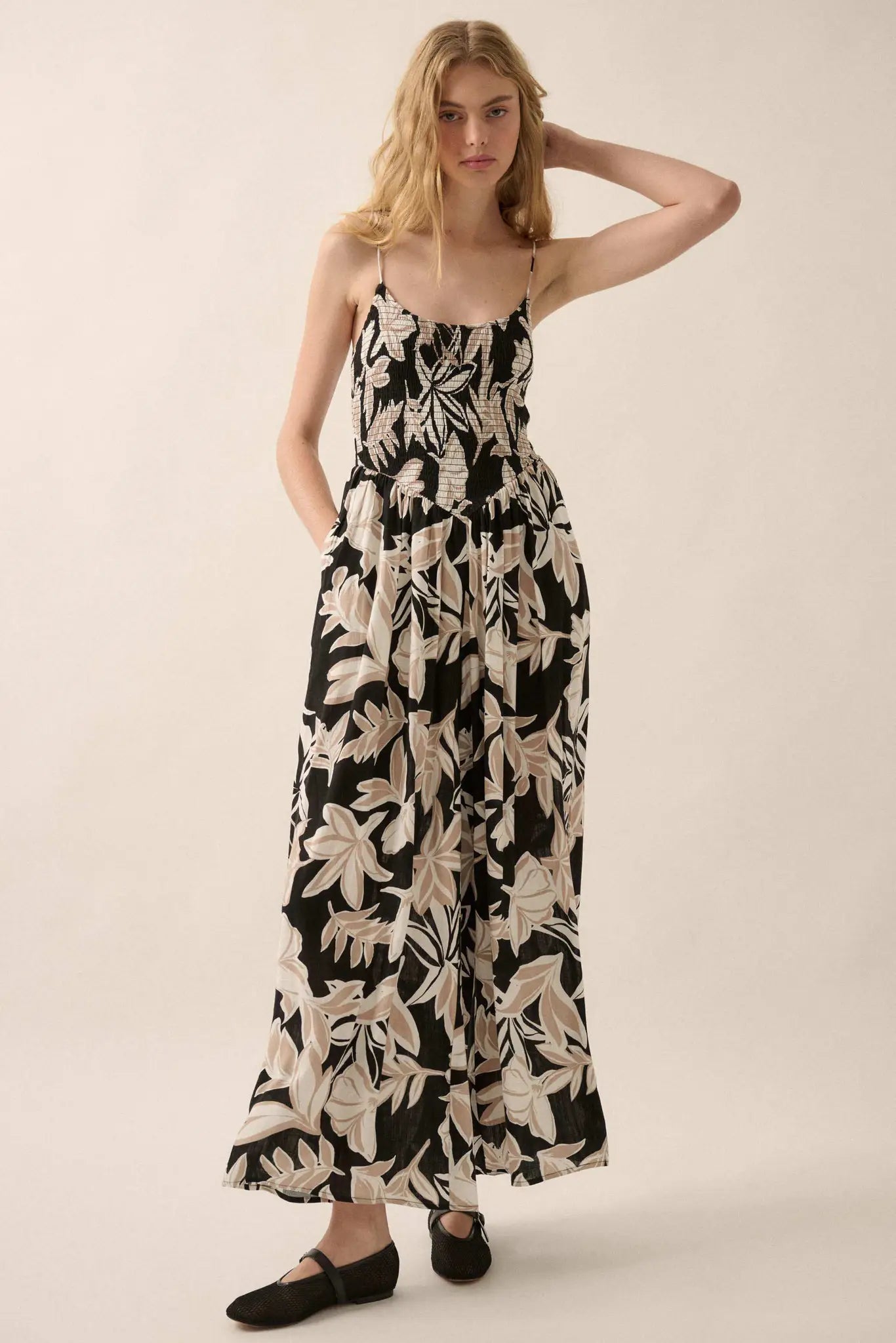 Private Island Tropical Smocked Wide-Leg Jumpsuit