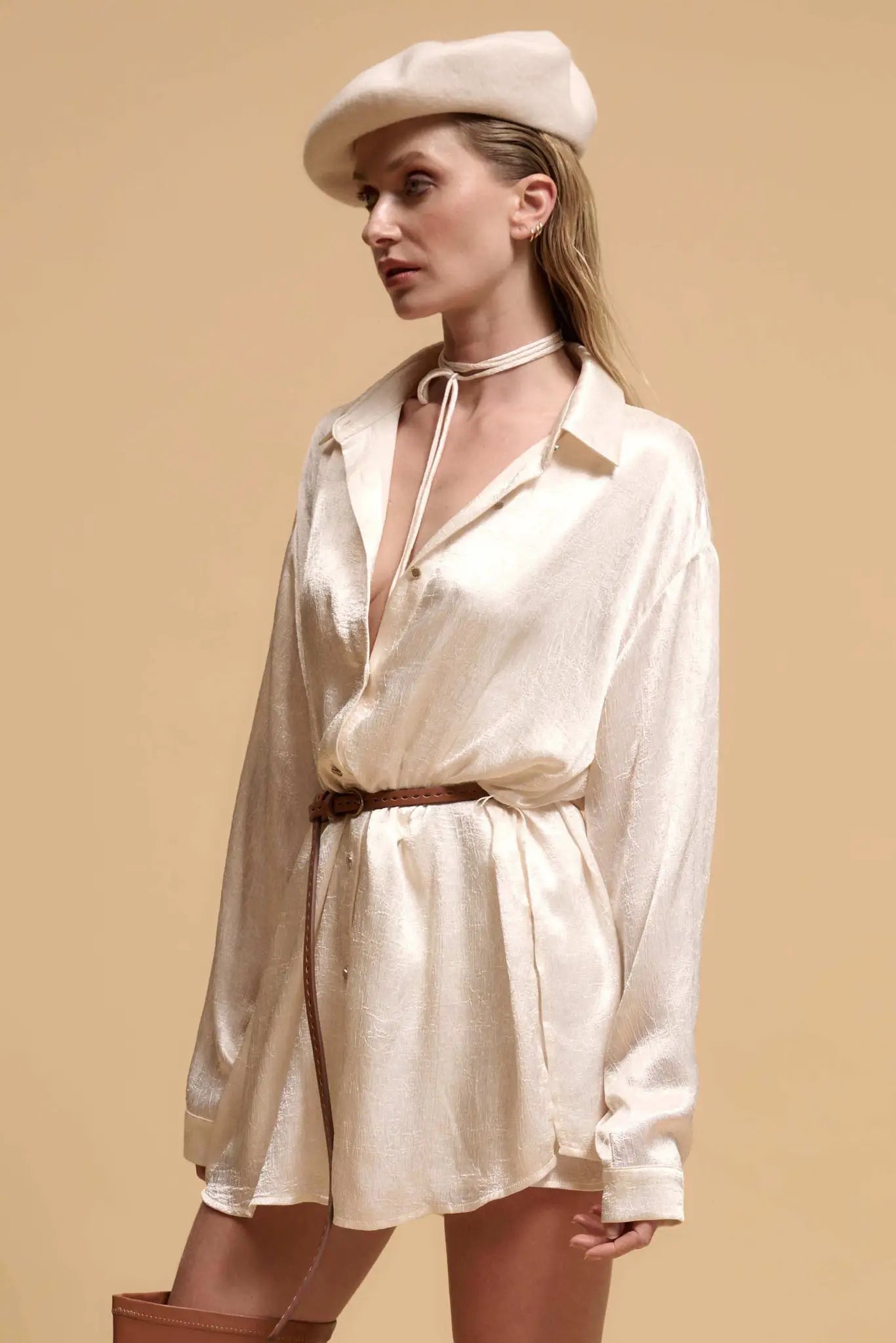 Luxe Aesthetic Textured Satin Belted Shirt Romper