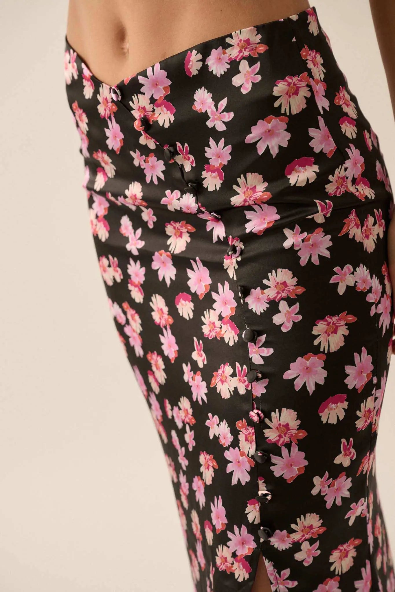 Sassy Blossoms Floral Satin Buttoned Maxi Skirt