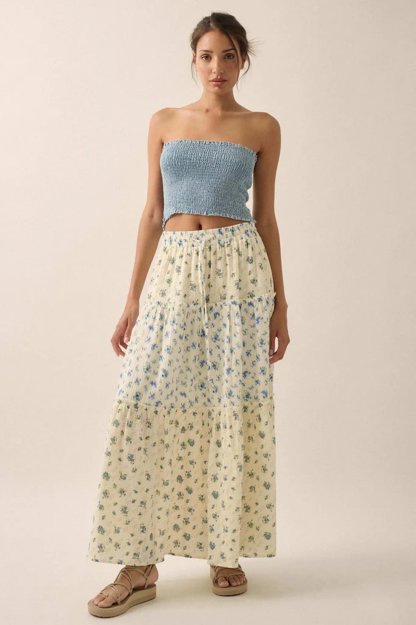 Sunny Meadow Floral Gauze Tiered Ruffle Maxi Skirt
