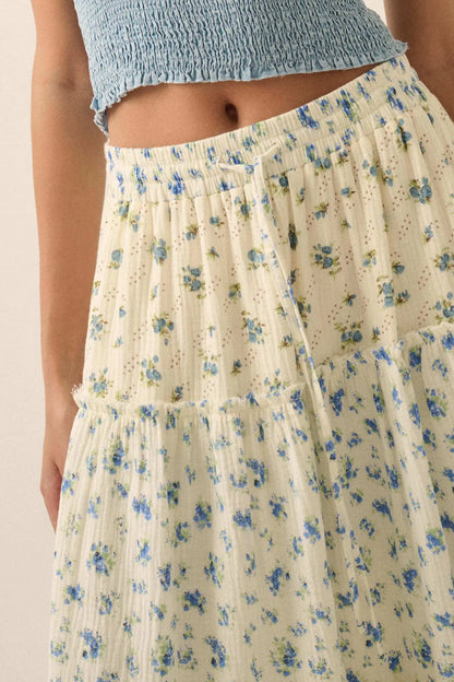Sunny Meadow Floral Gauze Tiered Ruffle Maxi Skirt