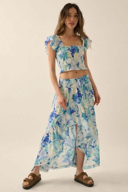 Azure Petals Floral High-Low Ruffle Maxi Skirt