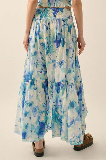 Azure Petals Floral High-Low Ruffle Maxi Skirt