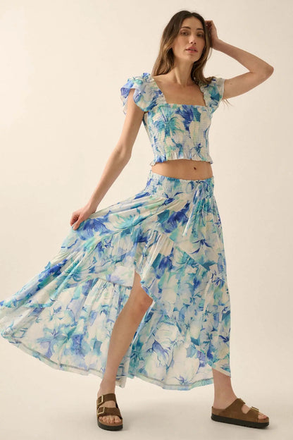 Azure Petals Floral High-Low Ruffle Maxi Skirt