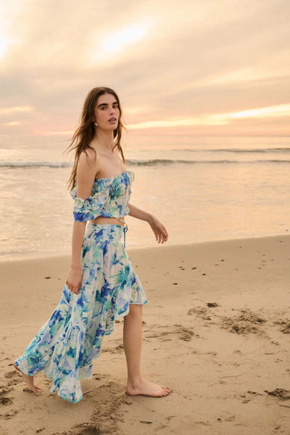 Azure Petals Floral High-Low Ruffle Maxi Skirt