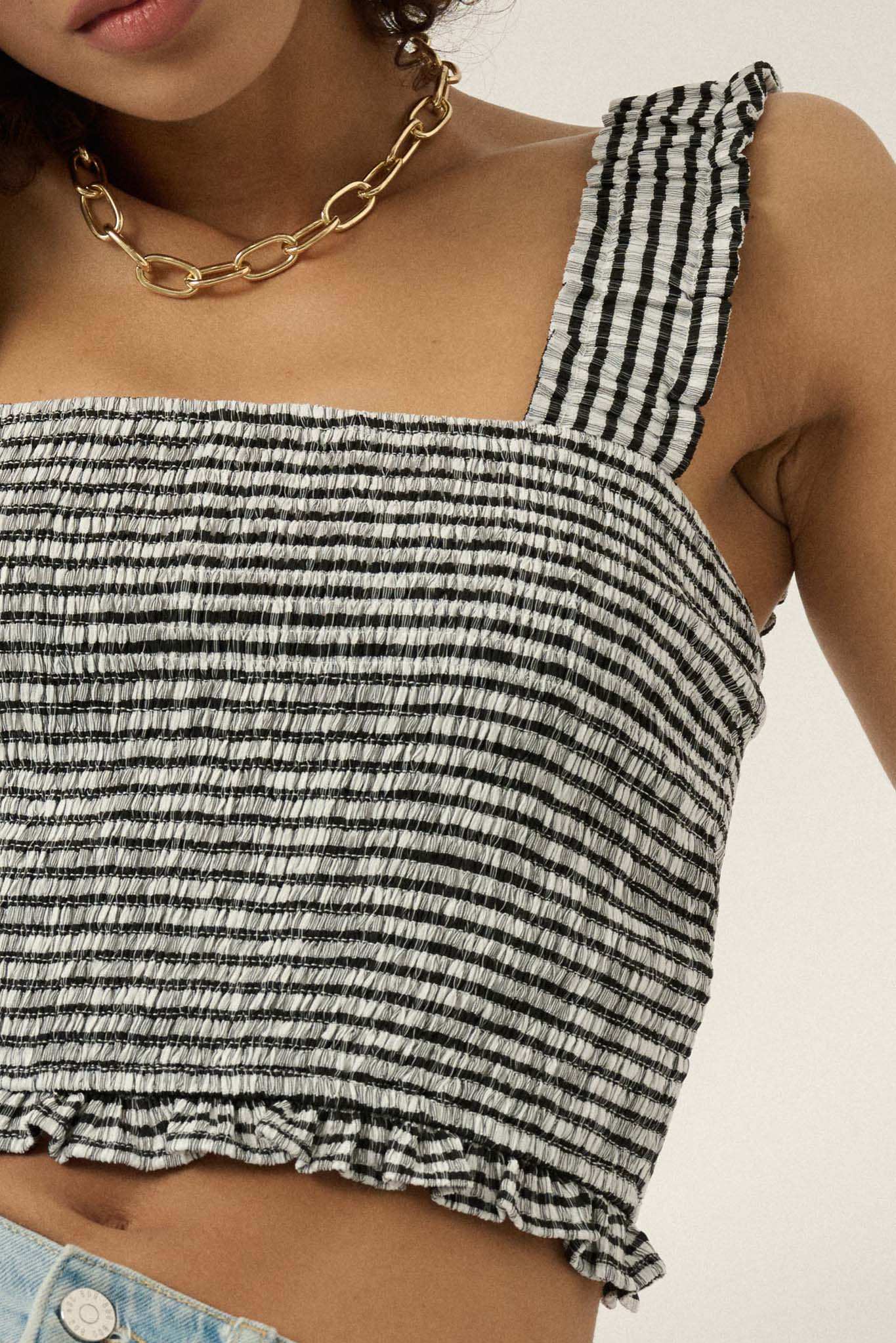 Sweet Shop Smocked Gingham Cropped Tank Top