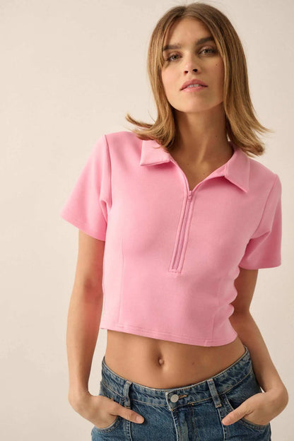 Premium Scuba Cropped Zip-Up Polo Top