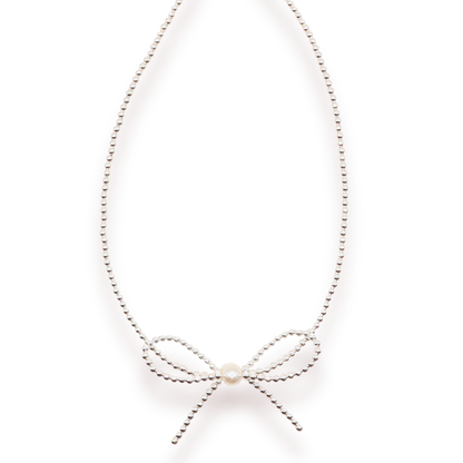 Silver Beaded Bow Necklace