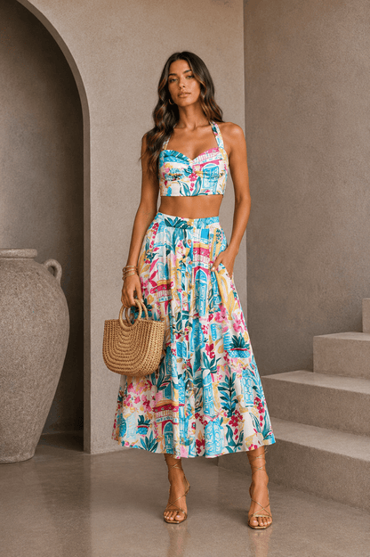 Colorful Floral Halter Crop Top