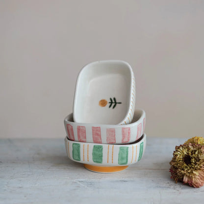 Yellow Flower Striped Stoneware Dish
