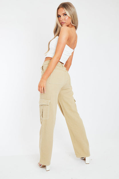 Beige Denim Contrast Stitch Cargo Trousers - Kate