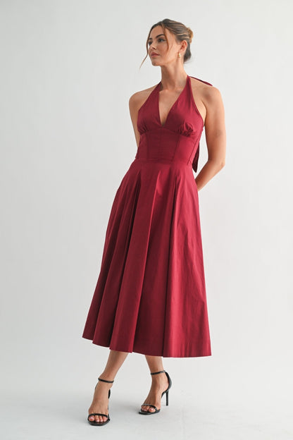 White Halter Manhattan Tie-back Midi Dress